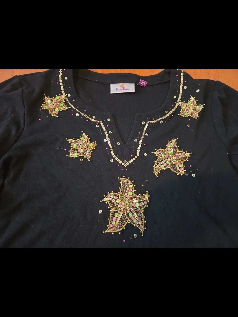 Vintage One Of A Kind Quacker Factory Black Embellished Starburst Beaded Blouse
